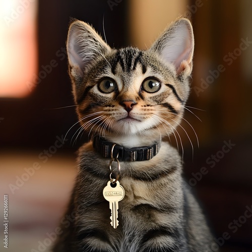 Curious Feline with Dangling Key Collar   Adorable Cat Portrait of a Playful Tabby Kitten with Expressive Eyes and Fuzzy Grey Fur
