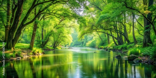 Serene riverbank scenery with lush green foliage and towering trees surrounding a gentle stream flowing through the forest , nature photography, outdoor setting