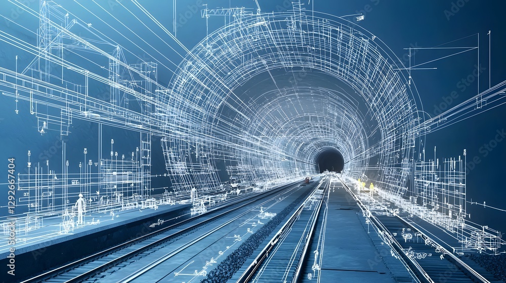 Fototapeta premium Detailed blueprint style visualization showcasing different phases of a railway tunnel construction project including the engineering architecture and infrastructure development processes