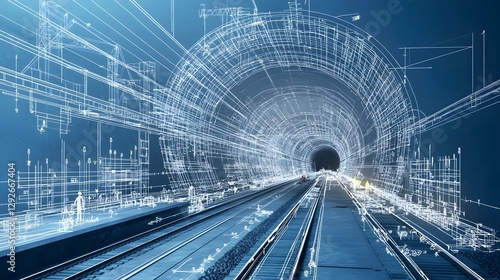 Detailed blueprint style visualization showcasing different phases of a railway tunnel construction project including the engineering architecture and infrastructure development processes