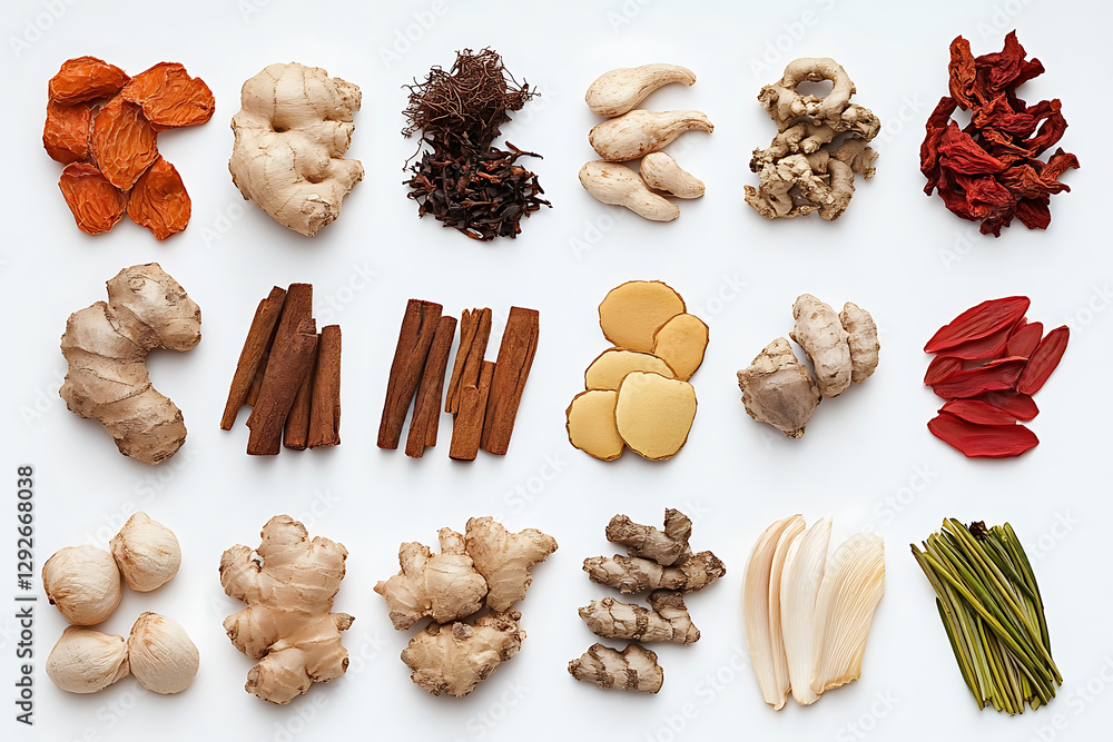 Fototapeta premium Exploring unique spices and herbs arrangement culinary arts food photography minimalist style top-down view natural ingredients