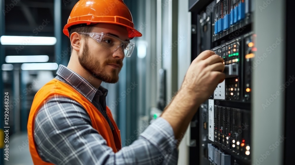 Engineer checking main distribution boards in main distribution board room
Engineer checking main distribution boards in main distribution board room