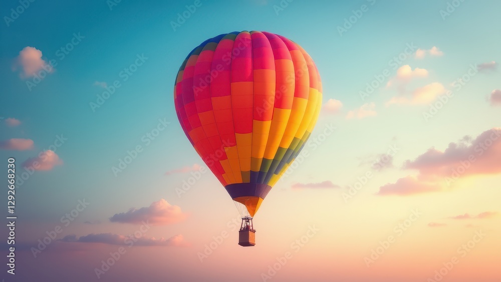 Fototapeta premium A colorful hot air balloon basket floating in the sky during a serene sunset.