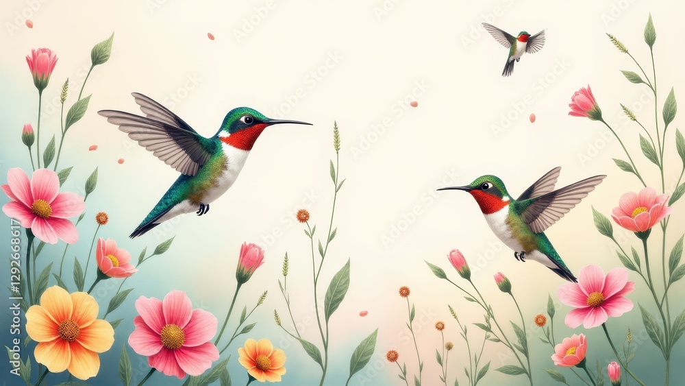 Fototapeta premium Hummingbird wallpaper featuring two colorful hummingbirds hovering among vibrant pink and yellow flowers.