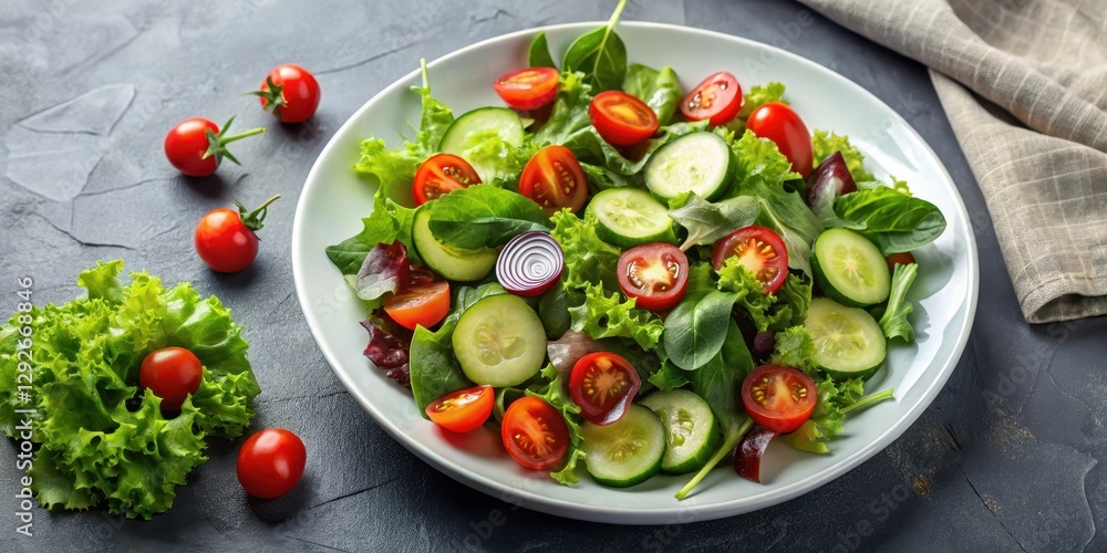 Fresh mixed greens salad in a plate with cherry tomatoes and cucumber slices , garden, fruit, garden, fruit, lunch Fresh mixed greens salad in a plate with cherry tomatoes and cucumber slices , garden, fruit, garden, fruit, lunch