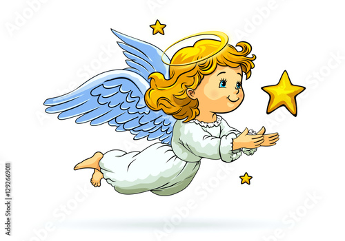 Adorable cartoon angel isolated on white, with golden hair, blue wings, and a glowing halo, reaching for a shining star. Perfect for Christmas, spiritual themes, and childrens illustrations.