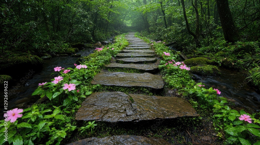 Obraz premium Hiking path through misty forest with pink flowers