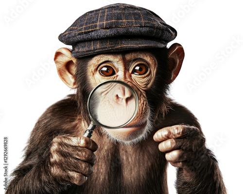 monkey wearing detective hat holds magnifying glass, showcasing curiosity and intelligence. This playful scene captures essence of investigation and fun photo