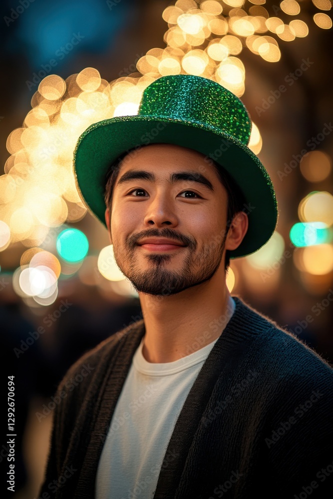 St. Patrick's Day portrait of an Asian man with a bright, cheerful expression, wearing a green leprechaun hat, a white t-shirt layered under a black cardigan. Cinematic night city street St. Patrick's Day portrait of an Asian man with a bright, cheerful expression, wearing a green leprechaun hat, a white t-shirt layered under a black cardigan. Cinematic night city street