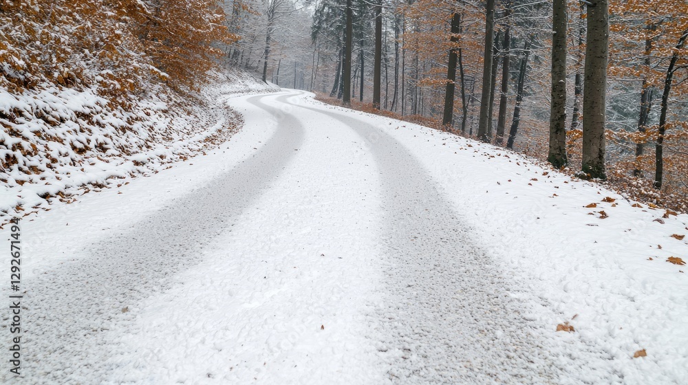 Obraz premium Snowy forest road winding through trees