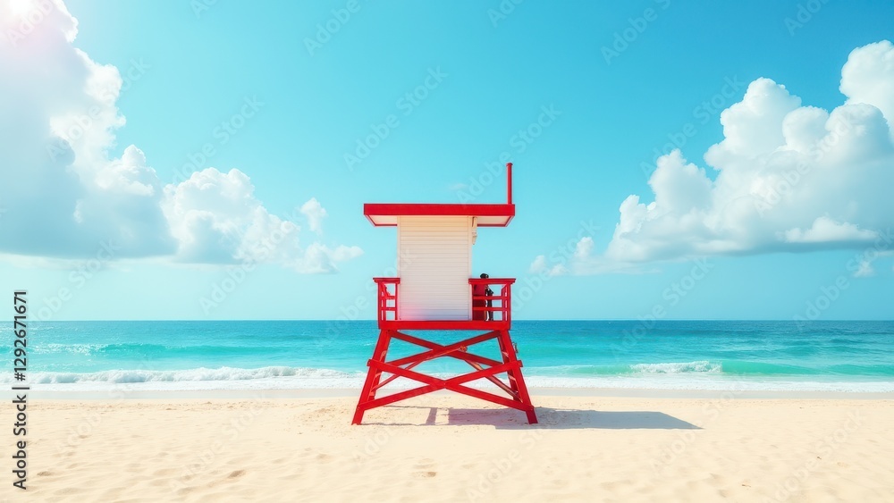 A vibrant lifeguard tower stands on a sandy beach with a clear blue sky and ocean in the background.