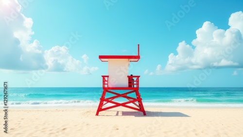 Obraz na płótnie A vibrant lifeguard tower stands on a sandy beach with a clear blue sky and ocean in the background. w salonie
