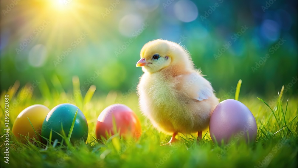 A playful Easter chick, overlaid on a grassy lawn. A playful Easter chick, overlaid on a grassy lawn.