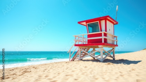 A lifeguard tower stands on a sandy beach with a clear blue sky and ocean in the background