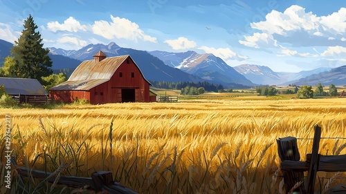 Serene Rural Landscape with Red Barn and Golden Fields in Countryside photo