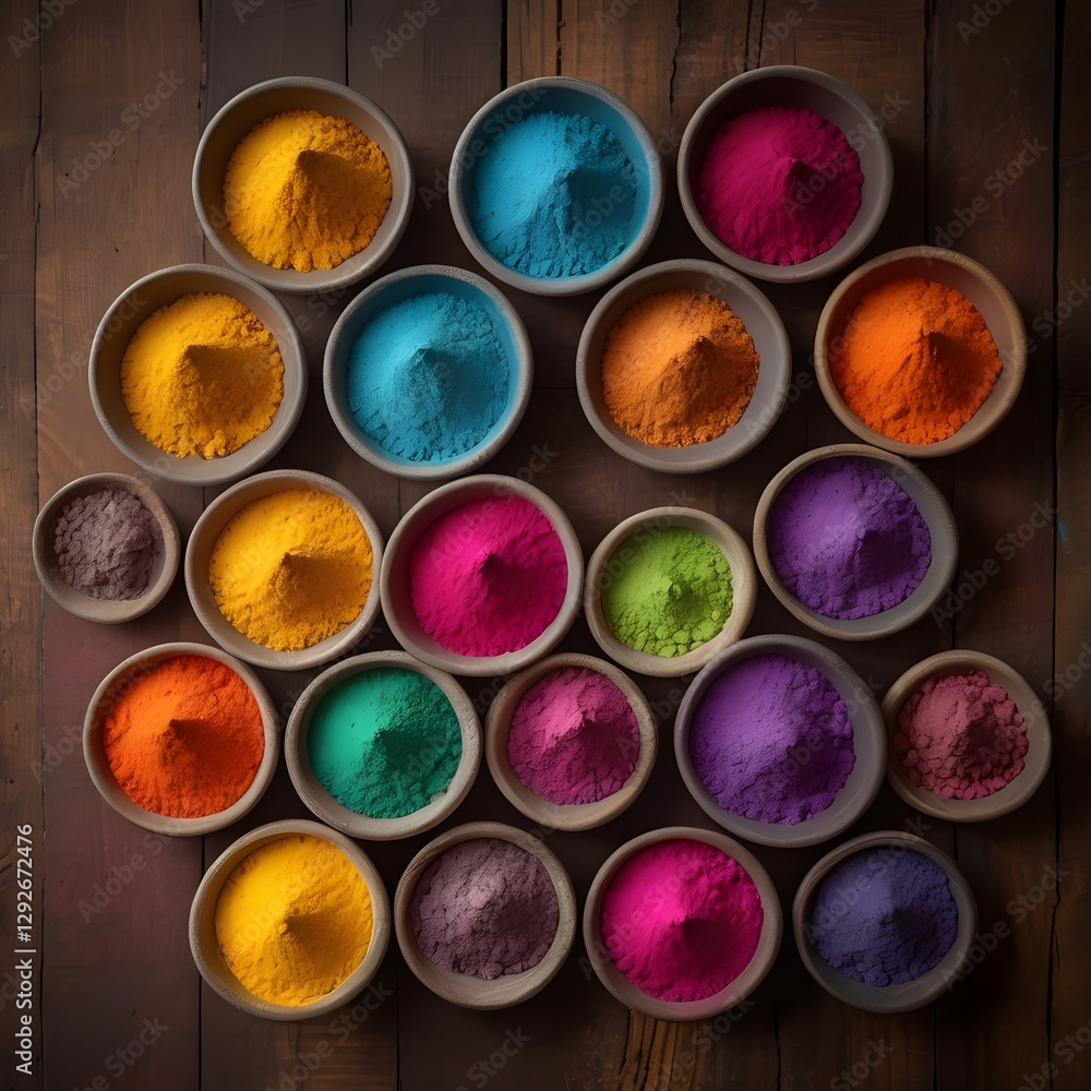 Bright Organic Holi Powders In Decorative Bowls. Bright Organic Holi Powders In Decorative Bowls.