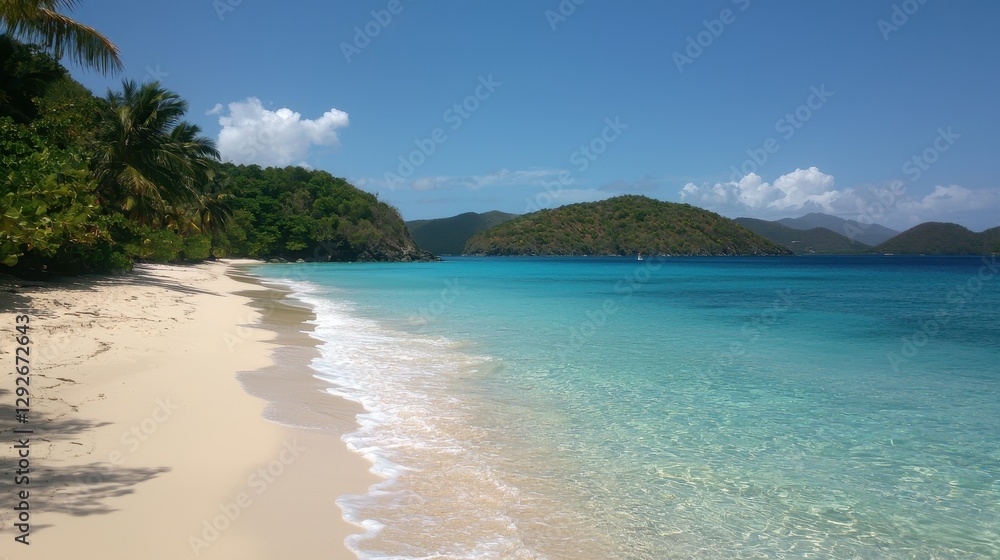 Serene Beach with Crystal Clear Turquoise Water and Lush Landscape Serene Beach with Crystal Clear Turquoise Water and Lush Landscape