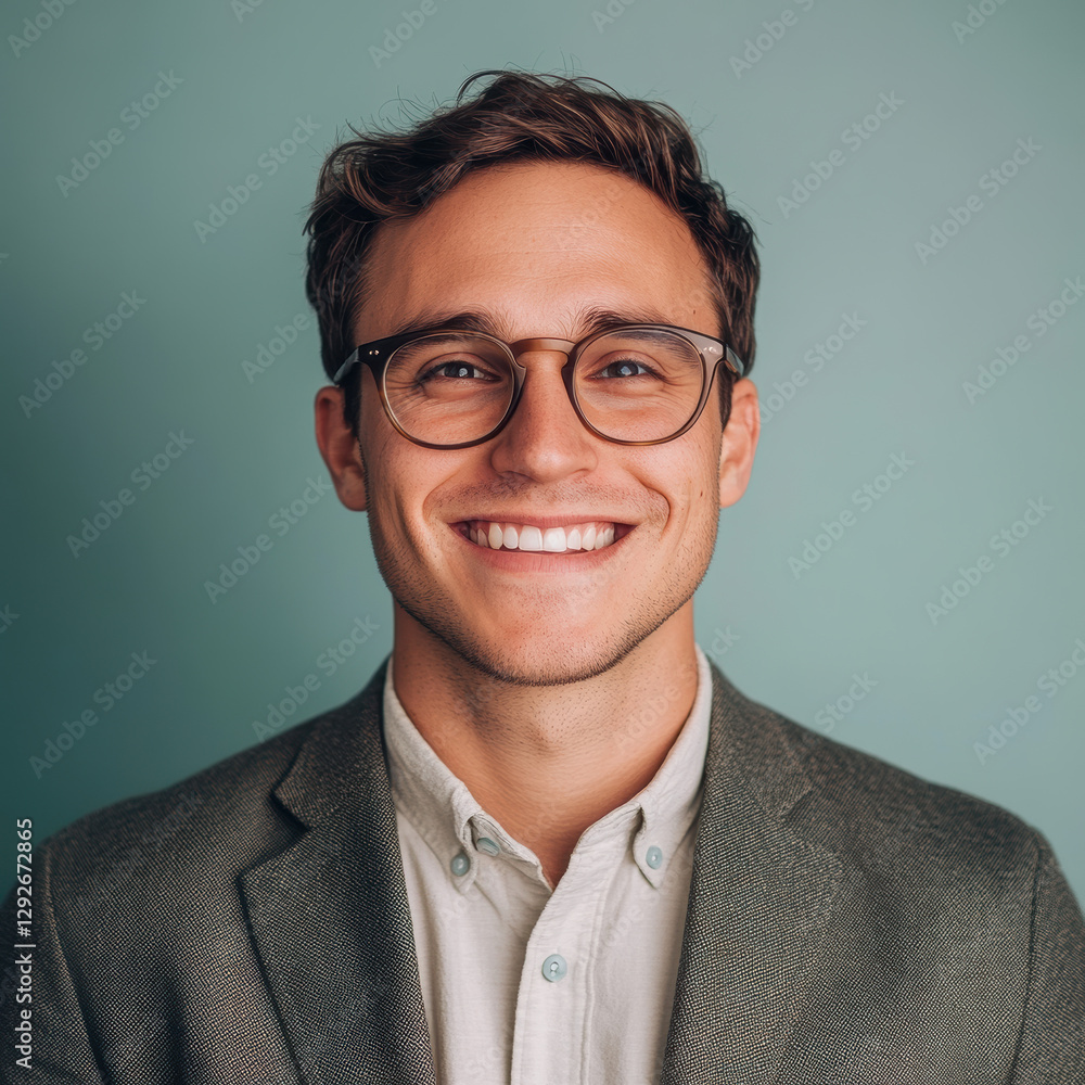 Professional smiling man in eyeglasses studio portrait photography neutral background close-up confidence boost Professional smiling man in eyeglasses studio portrait photography neutral background close-up confidence boost
