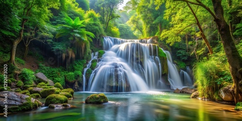 waterfall in forest surroundings with lush greenery and flowing water, nature, outdoors,  nature