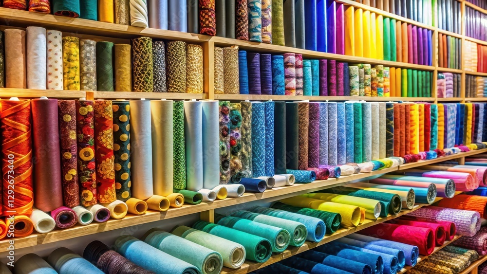 Fototapeta premium Fabric Rolls Displayed in Colorful Shop, fabric swatches