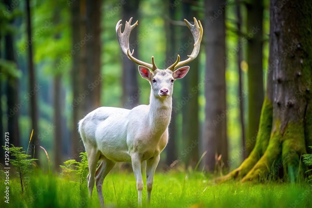 Obraz premium Albino fallow deer blends subtly in a forest meadow.