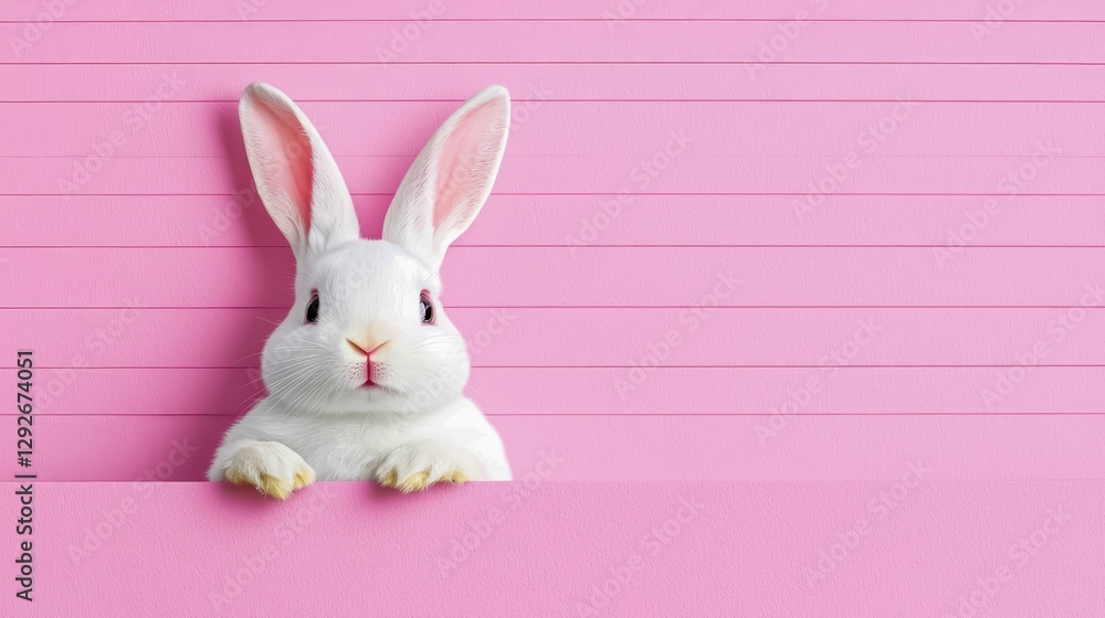 Obraz premium A cute white rabbit with pink ears peeks over a pink backdrop, creating a playful and cheerful atmosphere ideal for spring or Easter themes, Easter