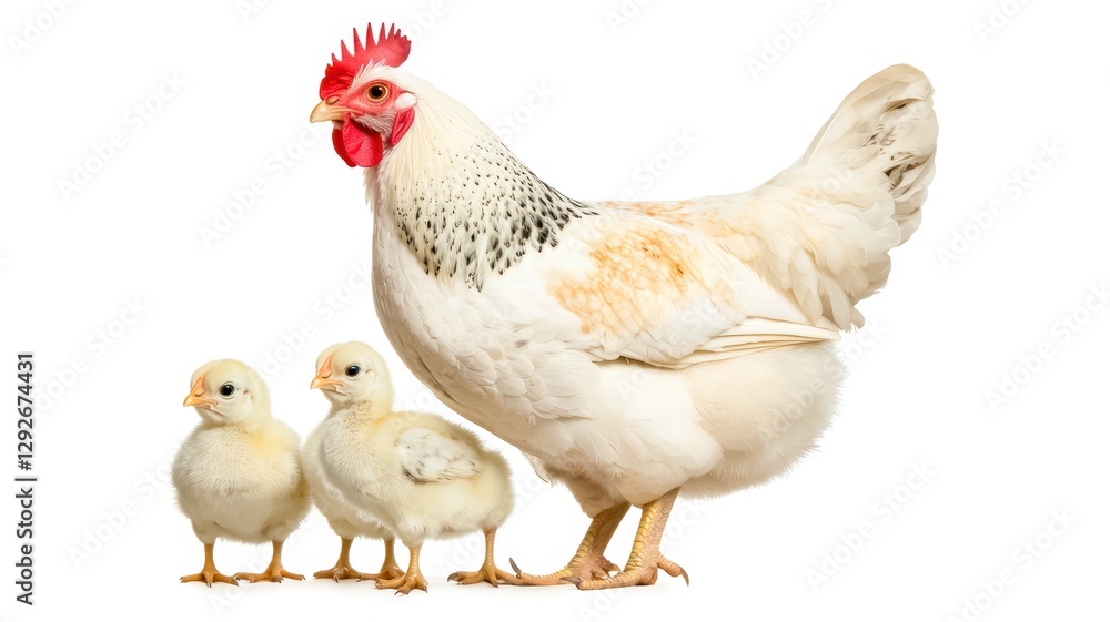 Fototapeta premium A hen stands protectively with two fluffy chicks against a plain background, showcasing a nurturing family dynamic in the animal kingdom, on white background