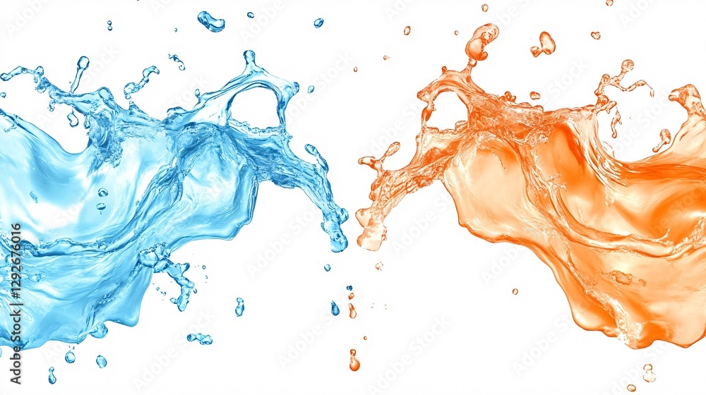 dynamic splash of colorful water droplets: blue and orange abstraction dynamic splash of colorful water droplets: blue and orange abstraction