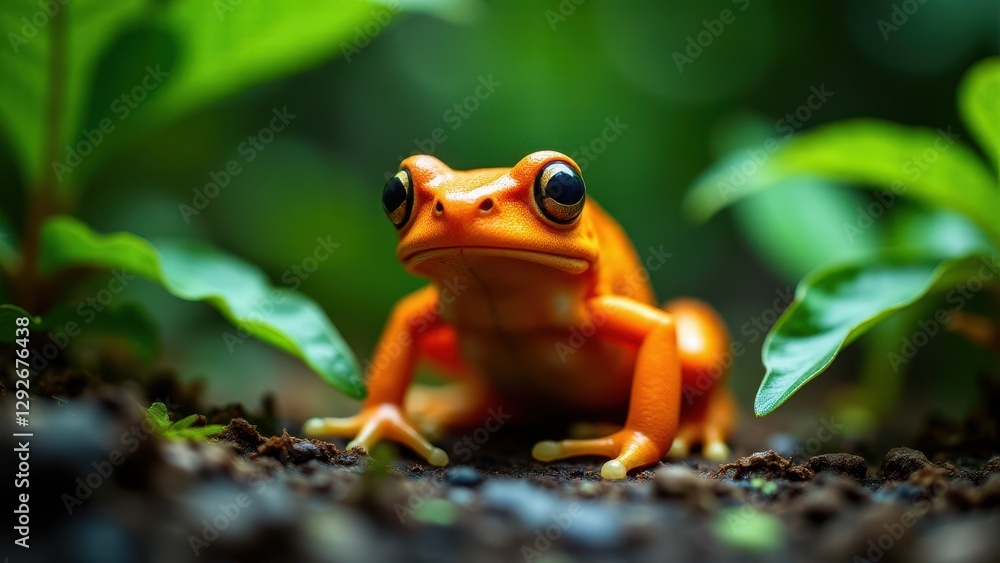 An orange frog sits on the forest floor surrounded by green leaves. An orange frog sits on the forest floor surrounded by green leaves.