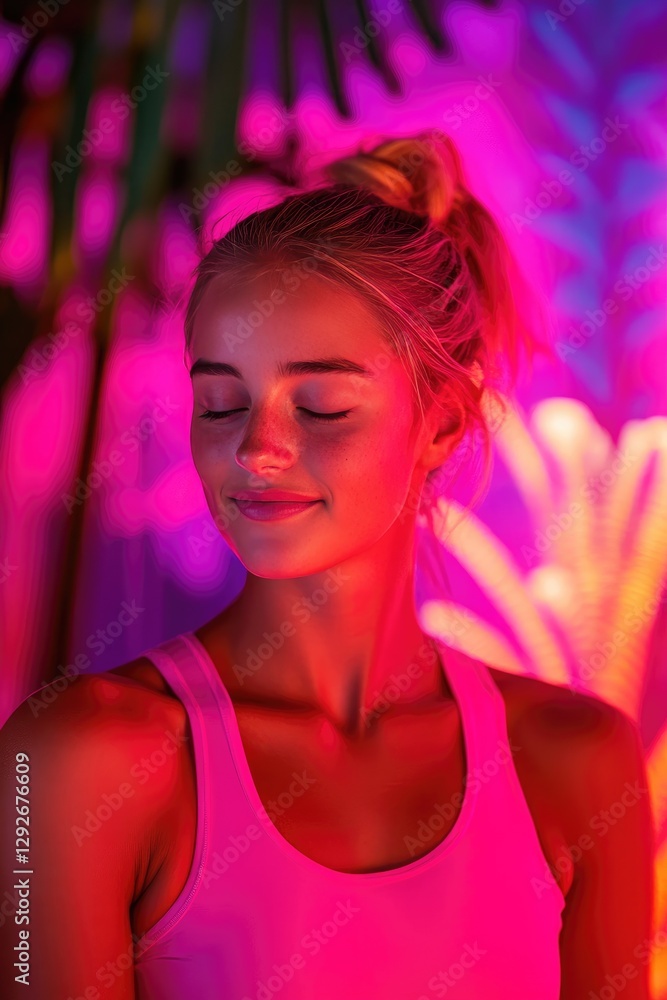 Serene Woman in Neon Glow Under Tropical Leaves Serene Woman in Neon Glow Under Tropical Leaves