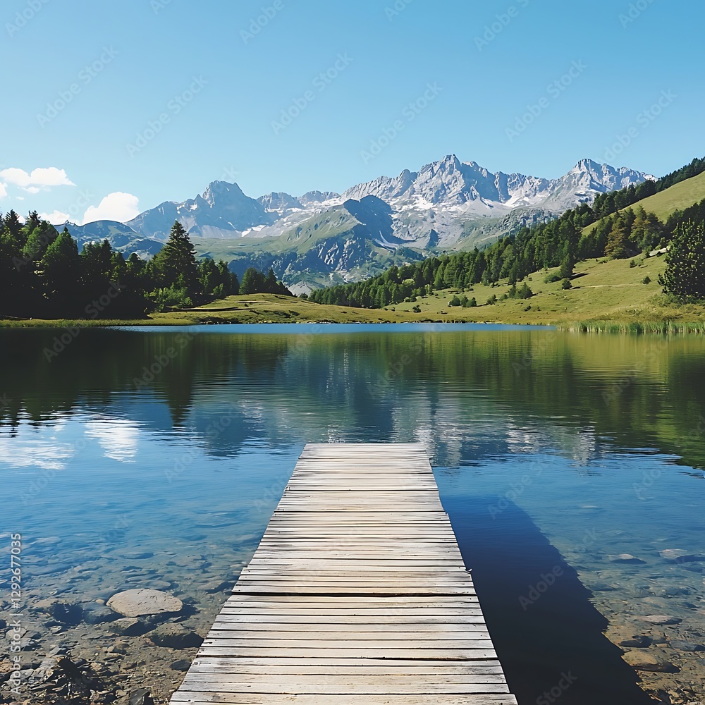 A serene alpine lake with a wooden pier extending into the still water under a clear blue sky A serene alpine lake with a wooden pier extending into the still water under a clear blue sky