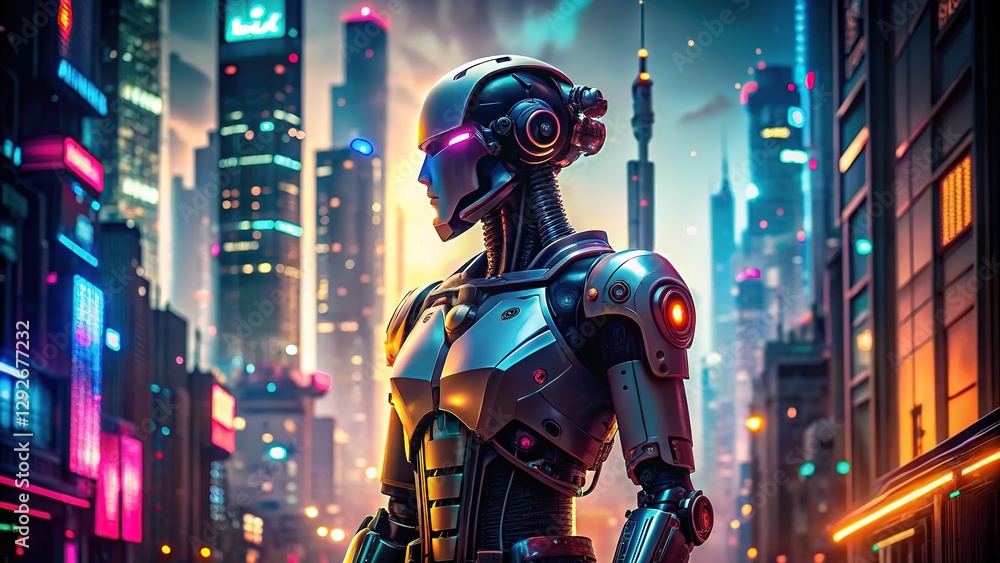 Cyberpunk's gleaming metal and glowing eyes dominate a night-time cityscape. Cyberpunk's gleaming metal and glowing eyes dominate a night-time cityscape.