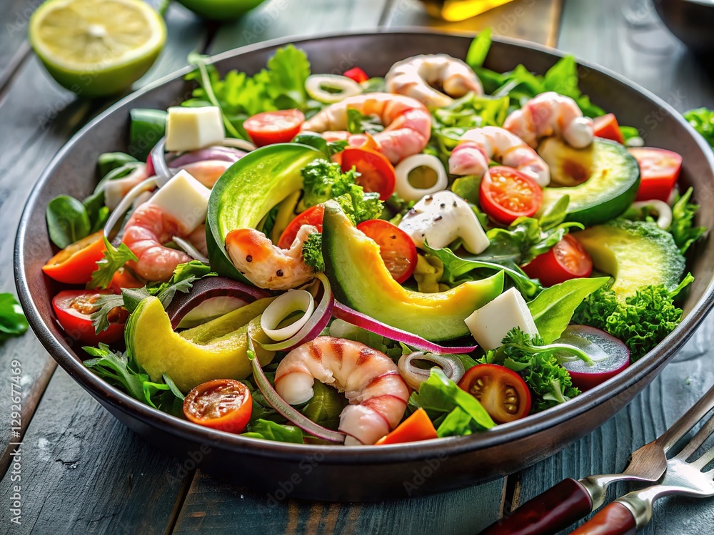 Delicious, healthy low-carb seafood salad with avocado and greens. Delicious, healthy low-carb seafood salad with avocado and greens.