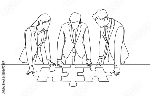 Continuous one line drawing of businesspeople looking at connected jigsaw puzzle the table, business connection, partnership and agreement concept, single line art