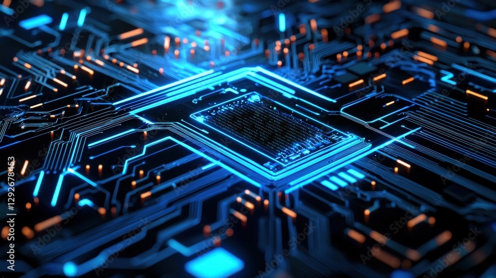 Futuristic digital circuit board glowing with neon blue light, representing high-speed data processing and AI computation, intricate lines and microchips, cyberpunk aesthetic Futuristic digital circuit board glowing with neon blue light, representing high-speed data processing and AI computation, intricate lines and microchips, cyberpunk aesthetic