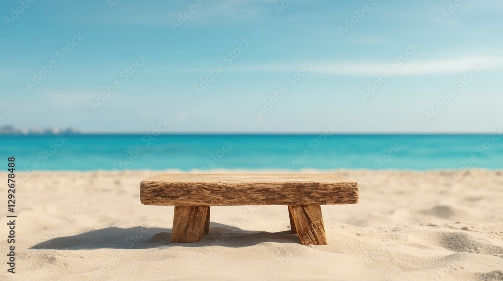 Wooden Bench on Sunny Beach Overlooking Turquoise Sea with Clear Blue Sky Wooden Bench on Sunny Beach Overlooking Turquoise Sea with Clear Blue Sky