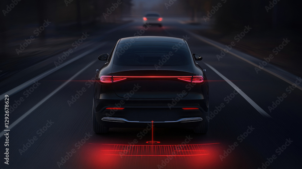 Futuristic Car with Luminous Taillights on a Dimly Lit Highway at Night Futuristic Car with Luminous Taillights on a Dimly Lit Highway at Night