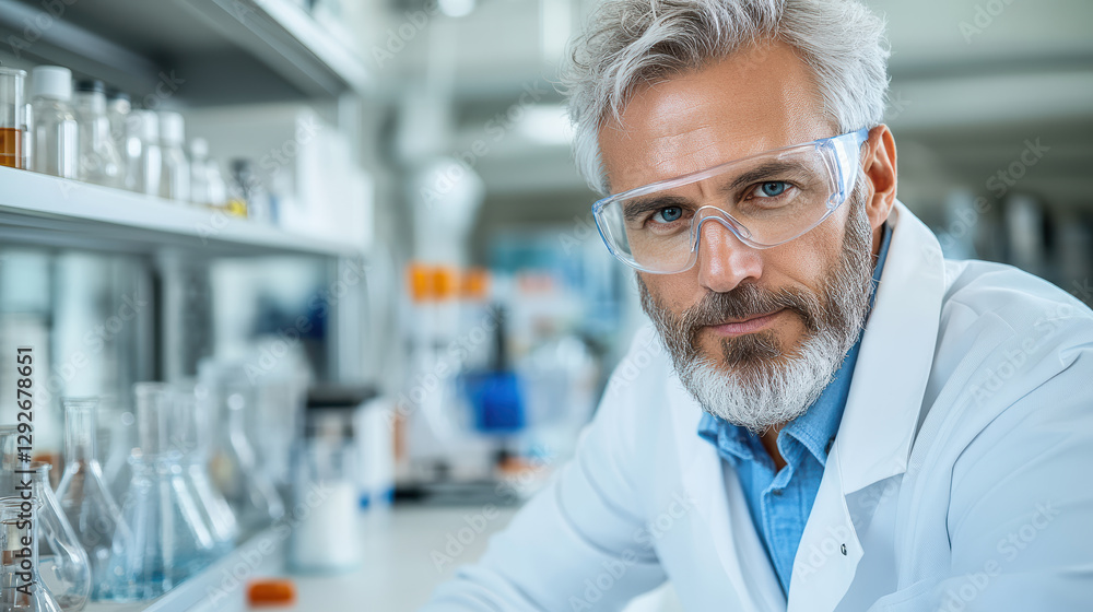 scientist in lab coat and safety goggles, focused on research scientist in lab coat and safety goggles, focused on research