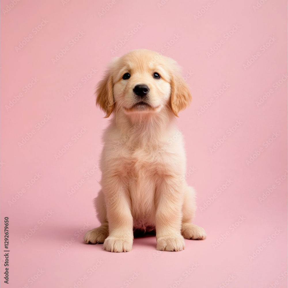 Playful golden retriever puppy studio setting animal photography soft pink background close-up view adorable concept Playful golden retriever puppy studio setting animal photography soft pink background close-up view adorable concept