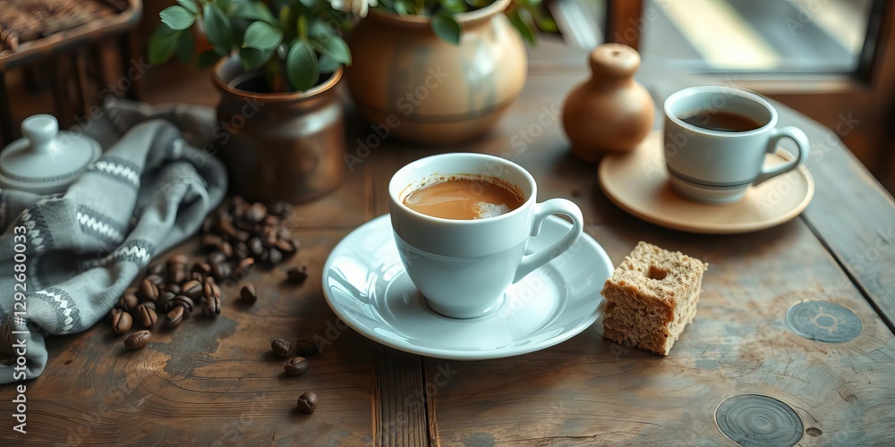 A cozy cup of coffee and slice of cake on a rustic table, perfect for a tranquil morning setting, cake, design A cozy cup of coffee and slice of cake on a rustic table, perfect for a tranquil morning setting, cake, design