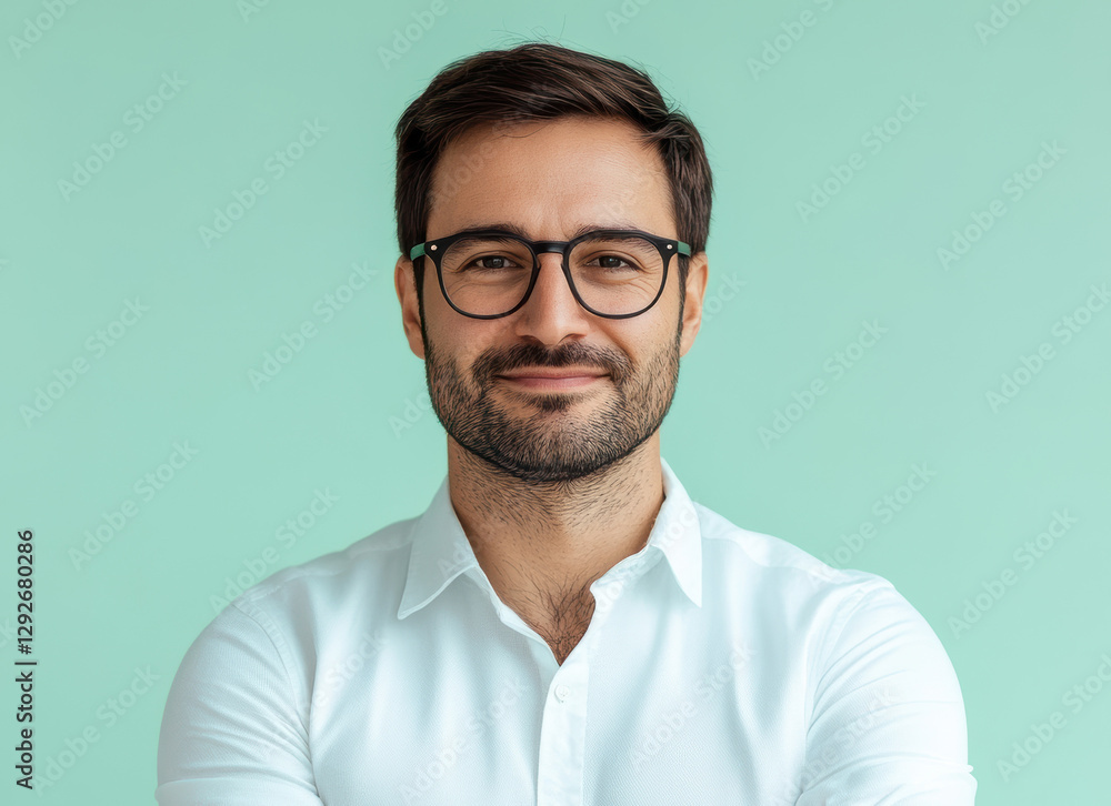 Professional man portrait studio setting headshot green background confident expression personal branding Professional man portrait studio setting headshot green background confident expression personal branding
