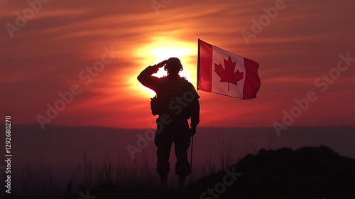 Soldier salutes flag sunset
