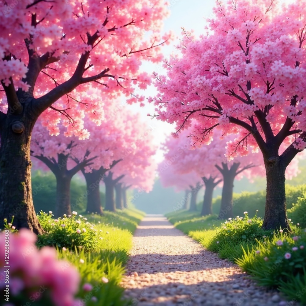 Blossoming cherry trees in a dreamy garden setting, beauty, floral, Japanese Blossoming cherry trees in a dreamy garden setting, beauty, floral, Japanese