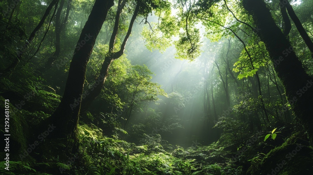 Fototapeta premium Sunlight beams through the trees of a dense, green rainforest.
