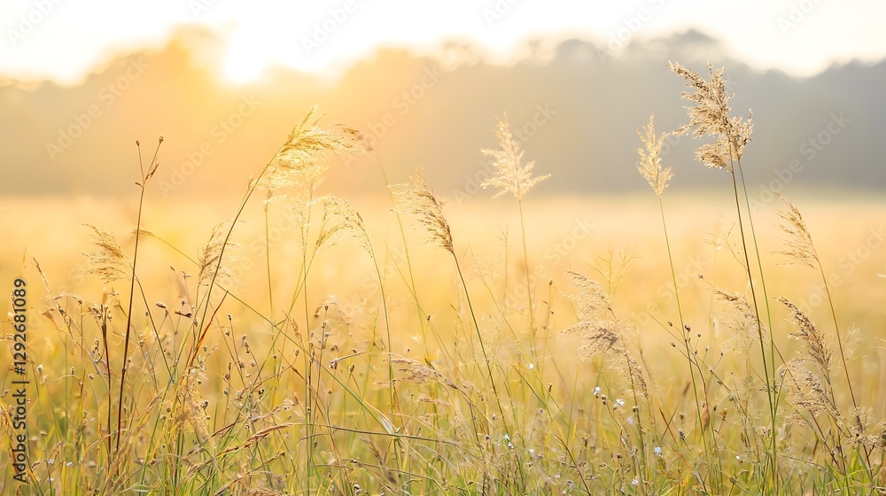Fototapeta premium Picturesque and serene countryside meadow with swaying wild grasses small flowers and lush foliage bathed in the warm glow of sunrise or sunset light Peaceful and tranquil natural landscape scene