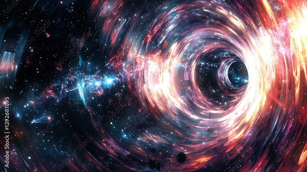 Obraz premium A deep-space wormhole pulses with radiant energy distorting nearby celestial bodies