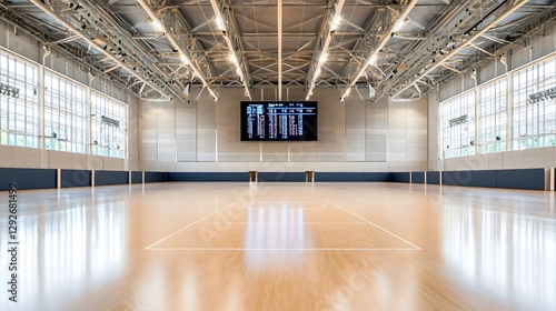 Pristine Indoor Arena with Polished Floors and Digital Scoreboard in the Background  A modern well equipped sports facility with a bright spacious court and state of the art scorekeeping technology