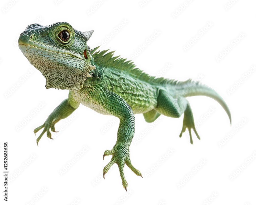 Fototapeta premium vibrant green lizard with textured skin and playful posture, showcasing its unique features and lively expression. This reptile captures attention with its striking appearance and dynamic stance