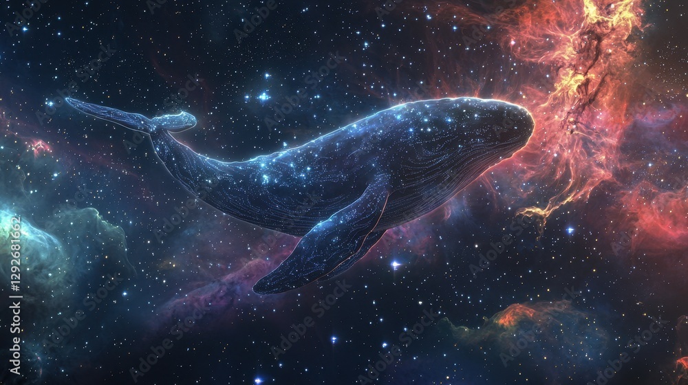 Fototapeta premium A radiant galactic whale made of nebula gas swims through deep space leaving trails of light