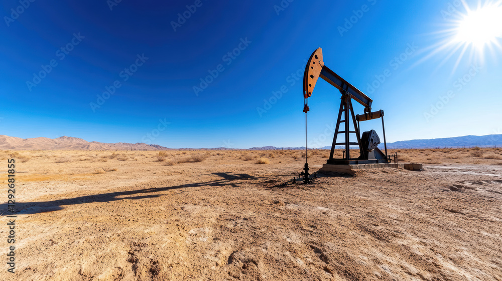 Desert landscape with oil pump jack under clear blue sky Desert landscape with oil pump jack under clear blue sky